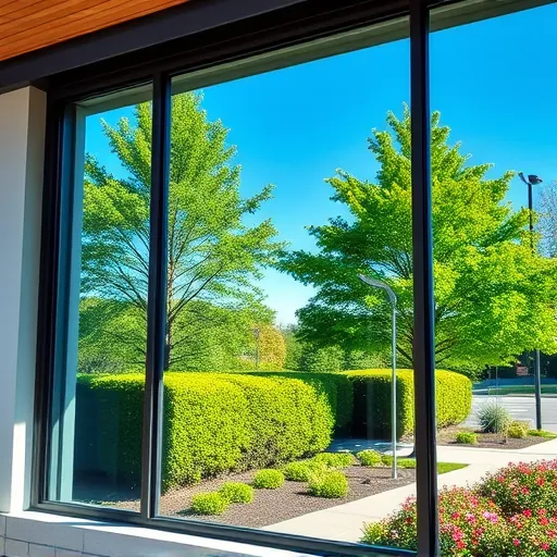 Pristine spotless window reflecting blue sky and green trees on modern building in Afton MN highlighting professional window cleaning