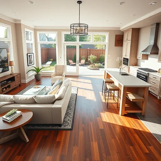 Modern open-concept living space in East Hastings MN with sleek furniture, natural light, lush backyard, and quality design.