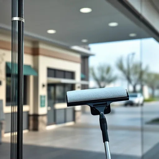 Spotless storefront window in Apple Valley MN reflecting surroundings with professional cleaning tools and modern architecture.