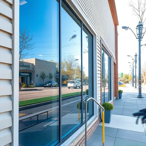 Spotless modern commercial window reflecting blue sky and trees in North Maplewood MN with clean building exterior and urban street background