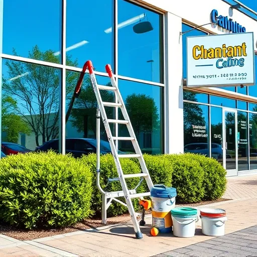 Exterior of a professional window cleaning service in Maplewood MN featuring pristine glass, tools, and landscaping.
