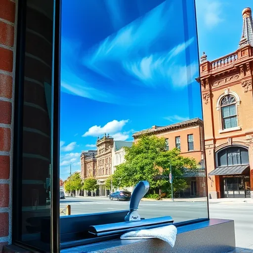 Meticulously cleaned window on a modern Stillwater MN building reflects vibrant sky and historic architecture.