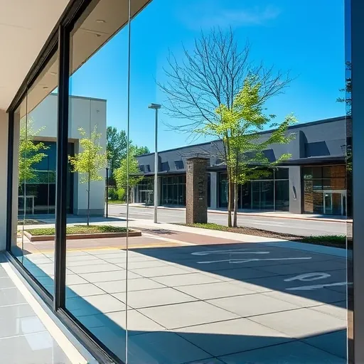 Clean glossy window reflecting blue sky greenery and modern architecture at a Hastings MN commercial building