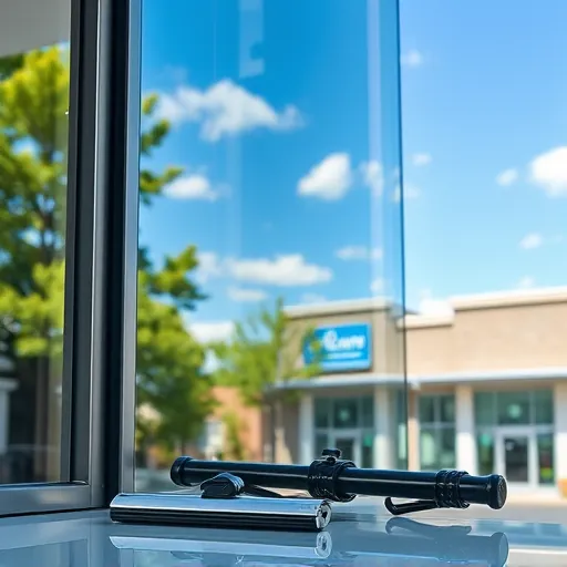 Pristine window on a modern building in St. Paul Park MN reflects trees and blue sky, showcasing cleaning tools nearby.