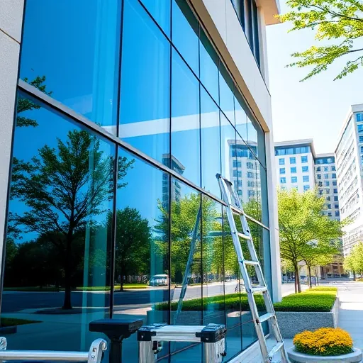Clean, spotless commercial window reflecting blue sky and trees on modern Gladstone Area building with cleaning tools nearby