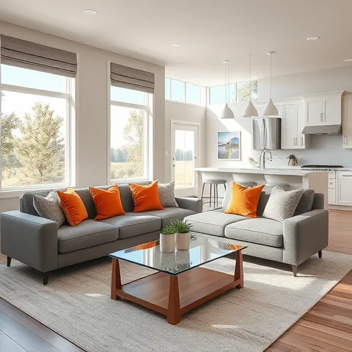Modern living room in Powers Lake MN with stylish furniture, natural light, and a serene view of lush greenery.