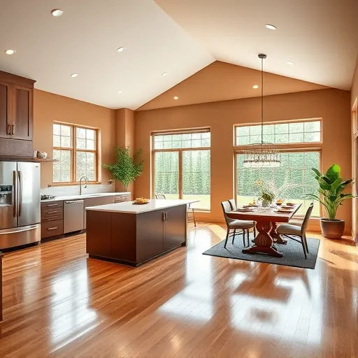 Stunning open-concept living space in Croixwood MN with high ceilings, hardwood floors, modern lighting, and a garden view.