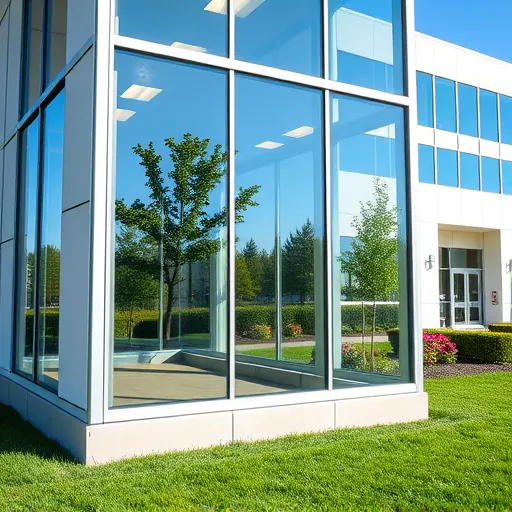 Spotless commercial building window in Eagan Minnesota reflecting blue skies and trees with a sleek frame and pristine facade