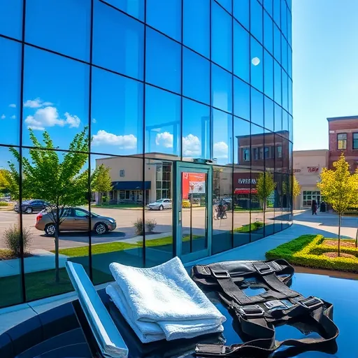 Pristine commercial glass facade in Newport MN reflecting blue sky, lush landscaping, and neighborhood with professional cleaning tools.