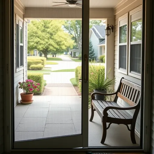 Clean, shiny screen door with intricate mesh details on a welcoming porch amid greenery in Stillwater Minnesota