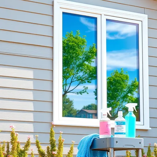Pristine clean window on a modern home reflecting blue sky, green trees, with cleaning tools and sunny outdoor setting