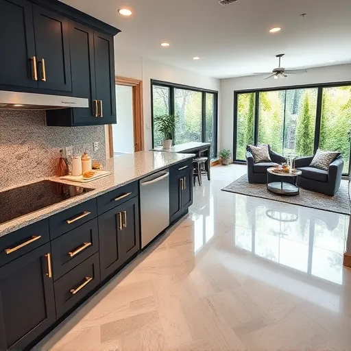 Stunning modern kitchen in Afton Highlands with navy cabinetry, granite countertops, and elegant lighting details.