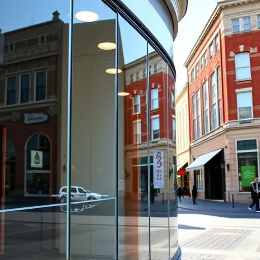 Pristine storefront window in downtown Stillwater with clear reflections of historic brick buildings and vibrant street scene
