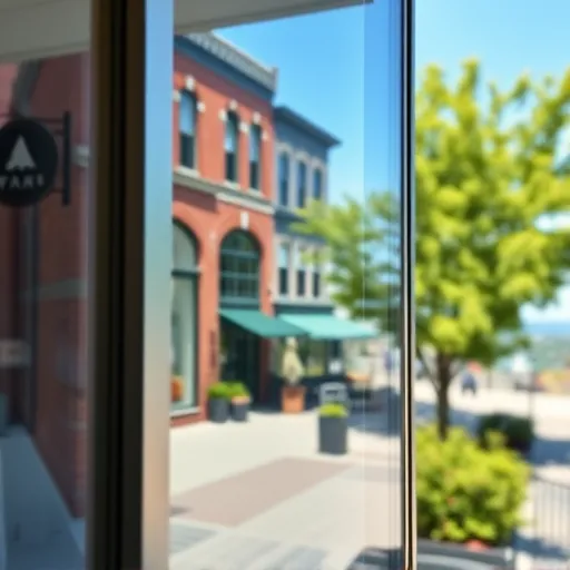 Pristine clear window in Stillwater MN reflecting downtown brick buildings and lush greenery after paint removal