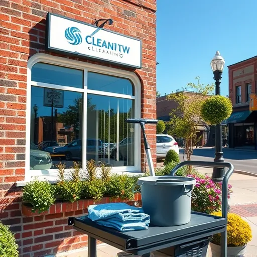 Sunny Lake Elmo Village storefront with clean windows, brick facade, professional cleaning tools, lush greenery, and quaint street view