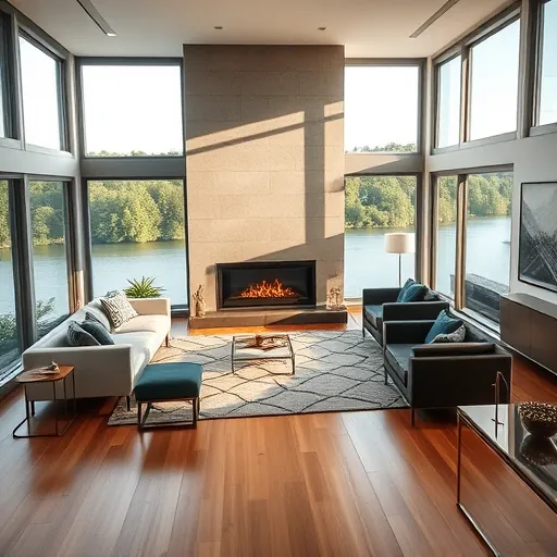 Modern living room in Riverfront Area MN with large windows, wood flooring, and elegant decor showcasing serene views.