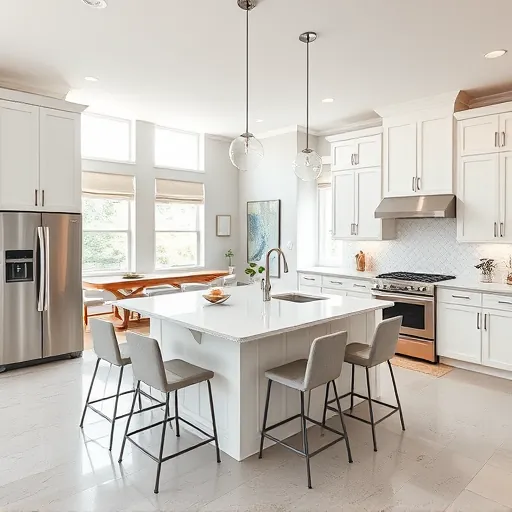 Completed home remodel in Eagan MN featuring modern kitchen with white cabinets, granite countertops, and stainless appliances.