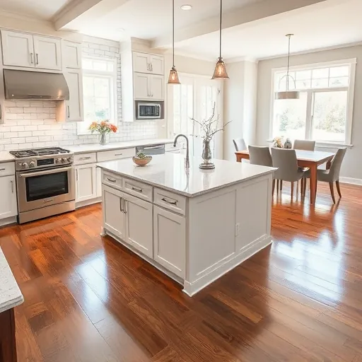 Modern open-concept kitchen with white cabinetry, granite countertops, and stainless steel appliances in Burnsville, MN.