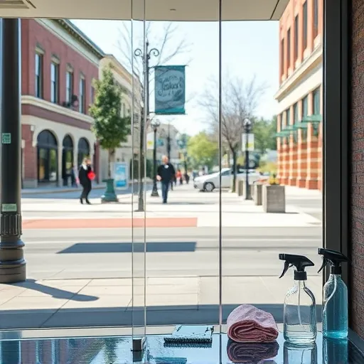 Sparkling glass storefront door reflecting downtown Stillwater MN with historic buildings and greenery, showcasing professional cleaning.