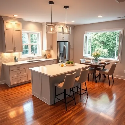 Modern kitchen in South Hill MN showcases sleek cabinetry, polished counters, and cozy dining nook in inviting ambiance.