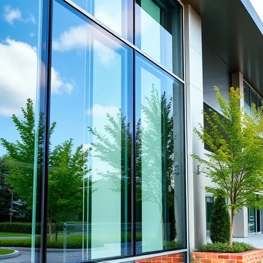 Clean, polished window on modern commercial building in Denmark Township MN reflects blue sky and clouds, surrounded by lush landscaping