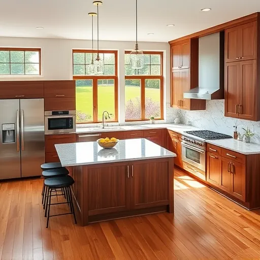 Contemporary South St. Paul kitchen with rich wood cabinetry, spacious island, and elegant granite counters in natural light.