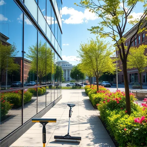 Pristine modern office building in Stillwater MN with clean glass windows reflecting blue sky and historic architecture.