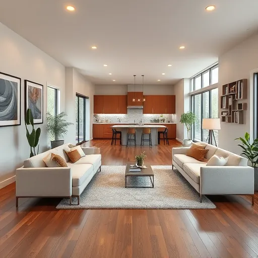 Modern living room in Wedgewood MN features contemporary furniture, art, hardwood floors, and an inviting kitchen.