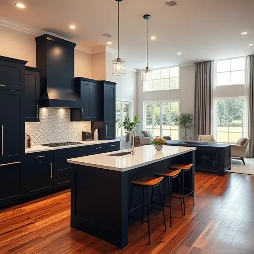 Stunning kitchen remodeling in Afton MN with navy cabinetry, quartz countertops, modern backsplash, and natural light.