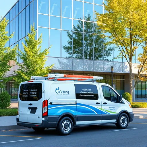 Exterior view of a window cleaning van with logo parked by a modern building in Woodbury MN, showcasing spotless glass.