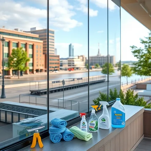 Pristine window on a modern building reflecting Stillwater cityscape, Mississippi River, and professional cleaning equipment.