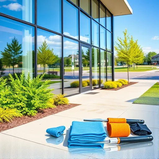 Modern building with large glass windows, clean window cleaning tools, landscaped surroundings, and suburban street in Burnsville MN