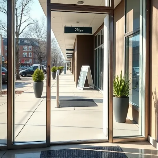 Spotless glass door of a modern commercial building in Stillwater Minnesota reflecting daylight and urban surroundings