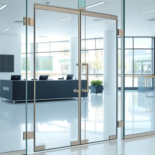 Pristine glass door in modern commercial space with reflections, sleek hardware, clean interior and professional exterior scene