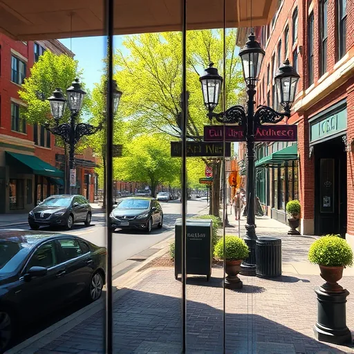 Pristine clean window on a modern downtown Stillwater building reflecting brick facades, street scenes, cars, and greenery
