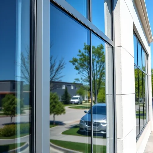 Pristine window on modern commercial building in Inver Grove Heights reflecting blue sky and trees with clean frame