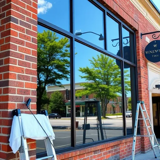 Pristine window cleaning scene in Stillwater MN with spotless glass reflecting blue sky and lush green trees.