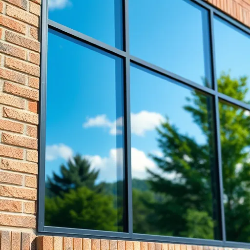 Pristine commercial window reflecting blue sky, surrounded by brickwork and greenery in Inver Grove Heights MN