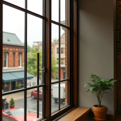 Spotless French pane window in a modern building in Stillwater Minnesota reflecting historic downtown architecture and lush greenery