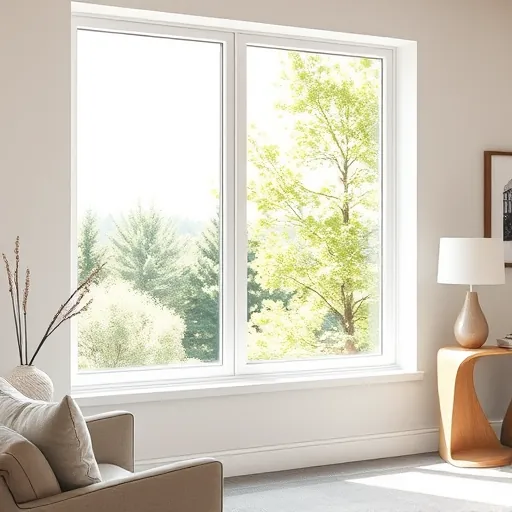 Pristine modern window reflecting natural light in a clean, organized upscale living room with greenery outside
