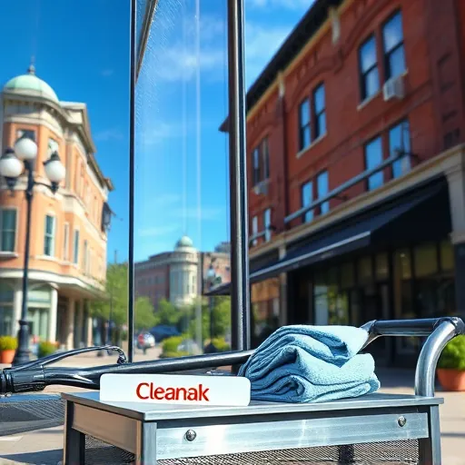 Pristine window on a modern commercial building in Stillwater MN reflecting blue sky and historic brick facades.
