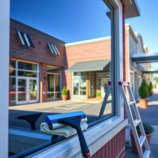 Gleaming storefront window in Croixwood MN reflects the charming neighborhood and clear blue sky, showcasing professional window cleaning.