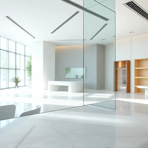 Clean glass window after professional hard water stain removal in a sleek commercial setting with modern fixtures