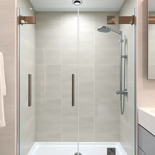 Clean, streak-free glass shower door with reflections in a modern bathroom featuring neutral tiles and chrome fixtures.