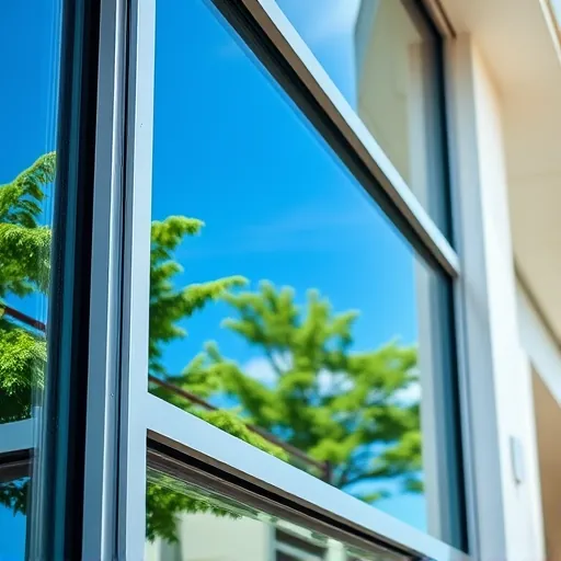 Freshly cleaned window on a modern building reflecting blue sky and trees in North Inver Grove Heights MN.