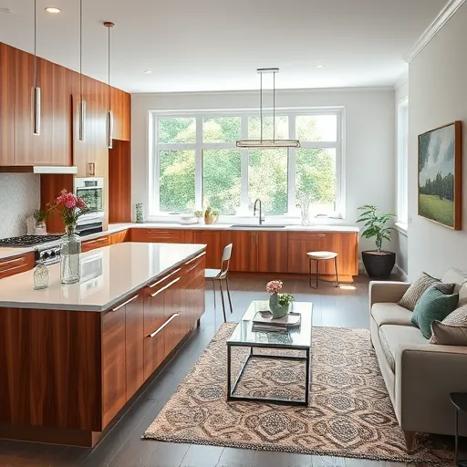 Modern Oakdale MN kitchen remodel features open-concept design with rich wood cabinetry and quartz countertops.