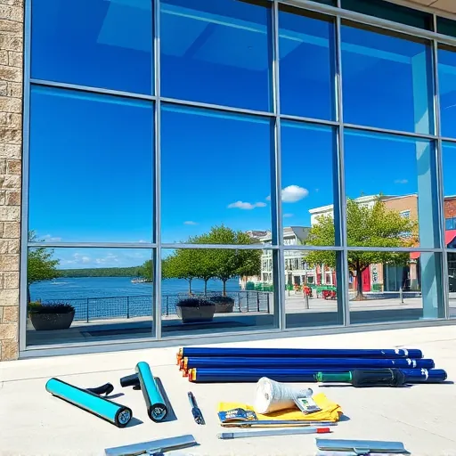 Spotless gleaming building windows reflecting blue sky and riverfront scenery in downtown Stillwater with cleaning equipment nearby