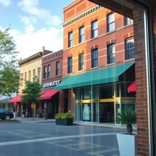 Sparkling storefront window in Stillwater MN reflecting historic brick buildings lush greenery and vintage downtown charm