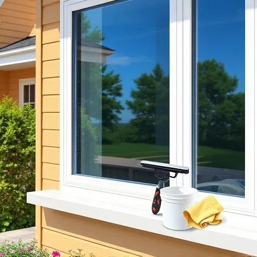 Spotless window reflecting blue sky and trees on charming house in Cottage Grove MN with cleaning tools and lush garden