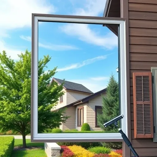 Pristine large house window with reflection of blue sky and greenery, cleaned with professional tools in a peaceful Minnesota neighborhood